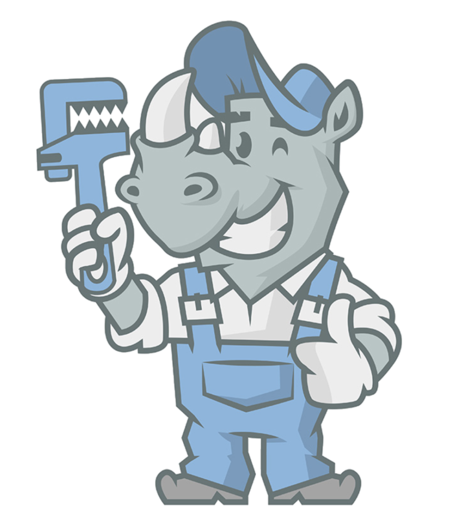 A rhino in traditional plumber attire with a wrench and ready to get to work.